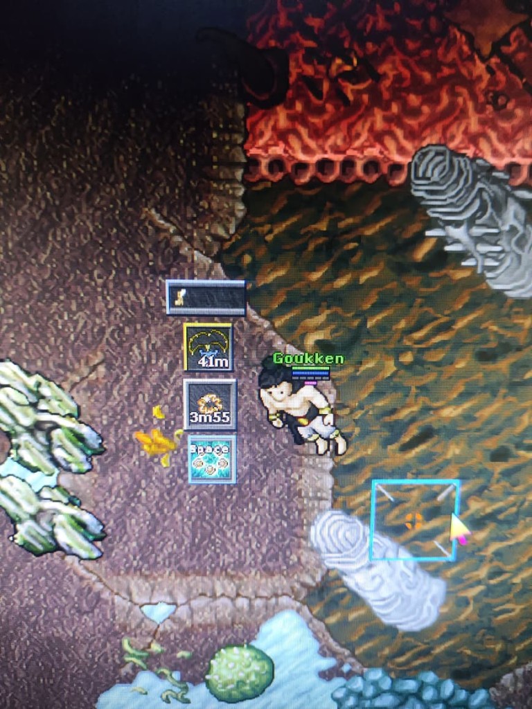 Tibia hunt with SecondEye slot overlays — amulet, ring, and cooldown slots beside the character, OnTopReplica-style crops